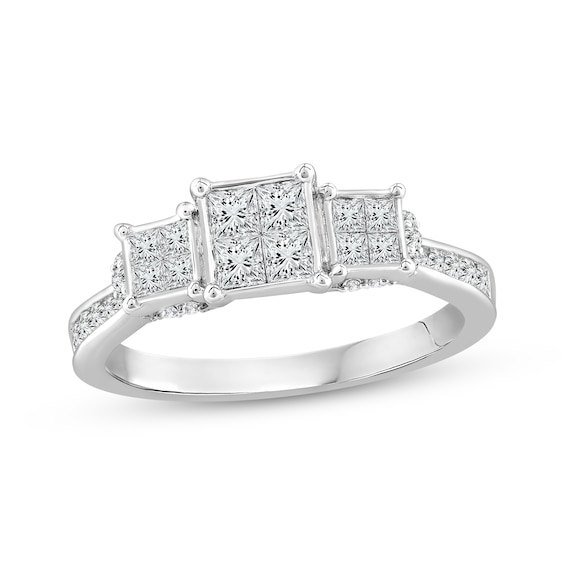 Memories Moments Magic Princess & Round-Cut Diamond Three-Stone Engagement Ring 3/4 ct tw 10K White Gold