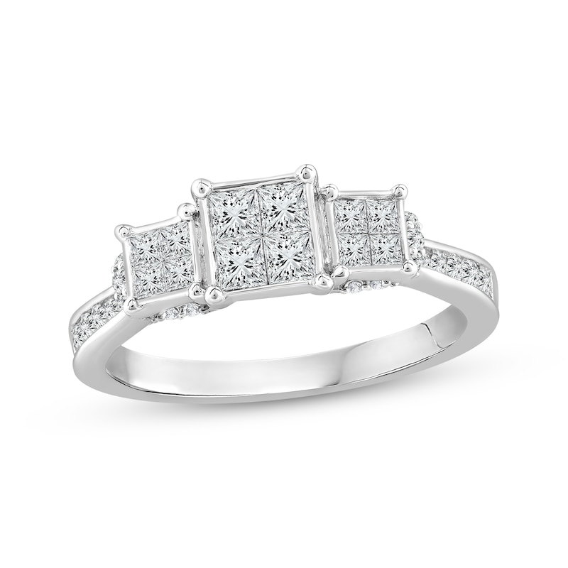 Main Image 1 of Memories Moments Magic Princess & Round-Cut Diamond Three-Stone Engagement Ring 3/4 ct tw 10K White Gold