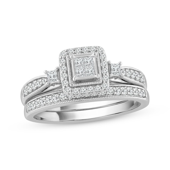 Princess & Round-Cut Diamond Bridal Set 1/2 ct tw 10K White Gold