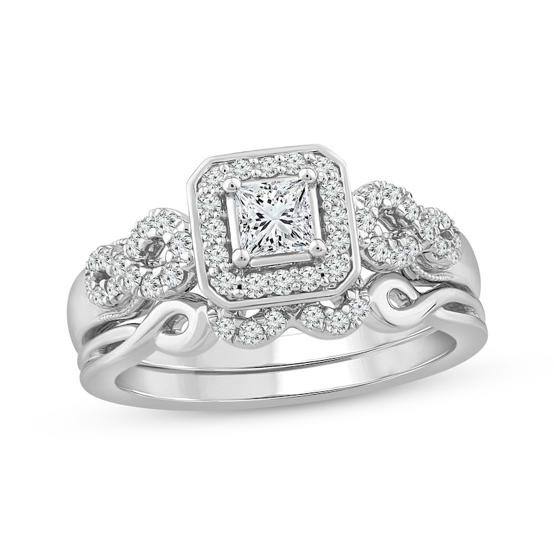 Main Image 1 of Now + Forever Princess & Round-Cut Diamond Bridal Set 5/8 ct tw 10K White Gold