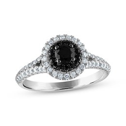 Now + Forever Round-Cut Black & White Diamond Split Shank Halo Engagement Ring 3/4 ct tw 14K White Gold