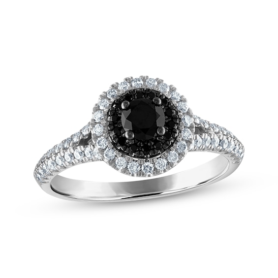Now + Forever Round-Cut Black & White Diamond Split Shank Halo Engagement Ring 3/4 ct tw 14K White Gold