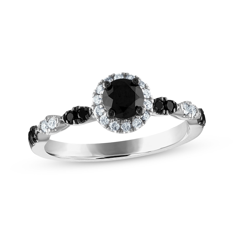 Round-Cut Black & White Diamond Halo Engagement Ring 3/4 ct tw 14K White Gold