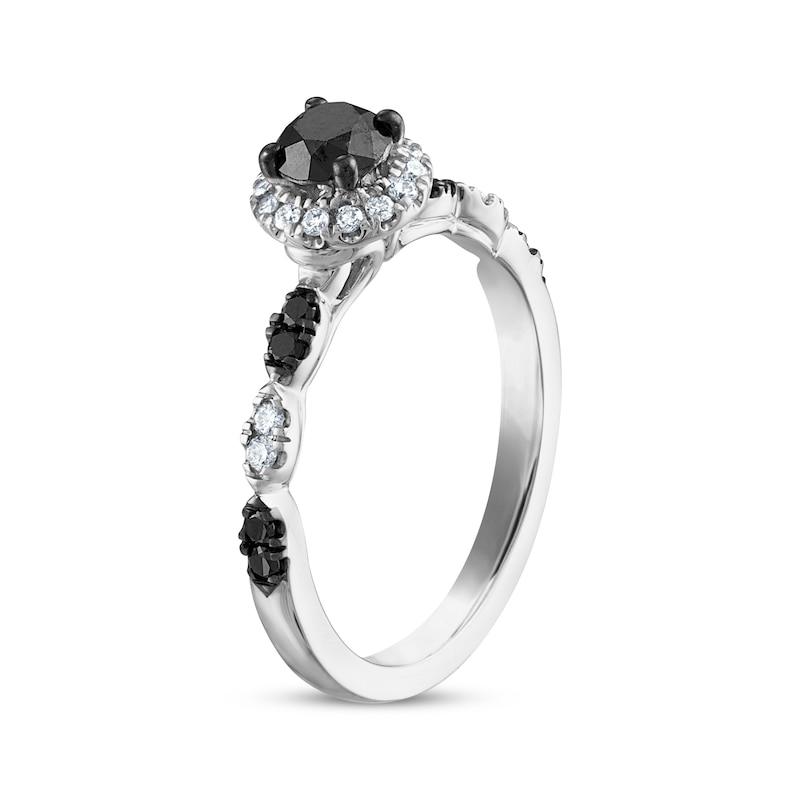 Round-Cut Black & White Diamond Halo Engagement Ring 3/4 ct tw 14K White Gold