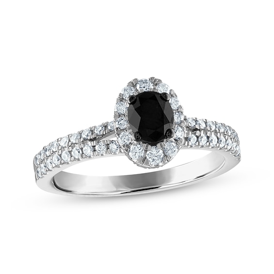 Now + Forever Oval-Cut Black Diamond & White Diamond Split Shank Halo Engagement Ring 1 ct tw 14K White Gold