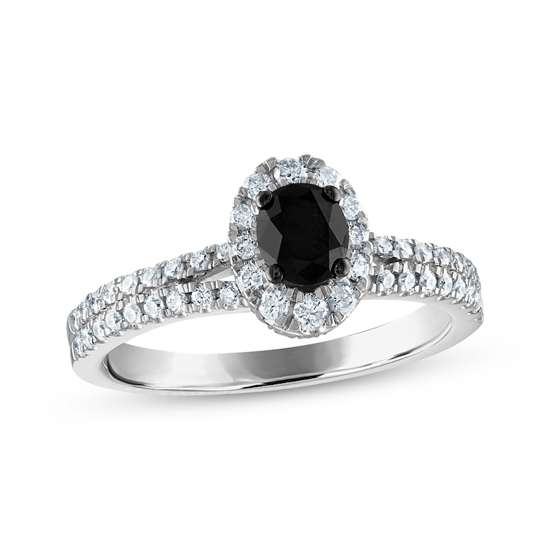 Oval-Cut Black Diamond & White Diamond Split Shank Halo Engagement Ring 1 ct tw 14K White Gold