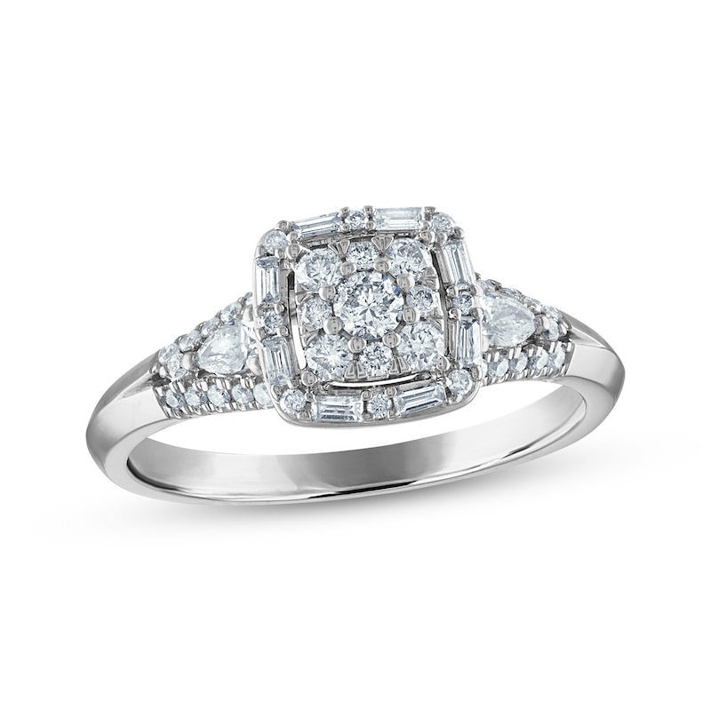 Round & Baguette-Cut Diamond Cushion Frame Engagement Ring 1/2 ct tw 10K White Gold