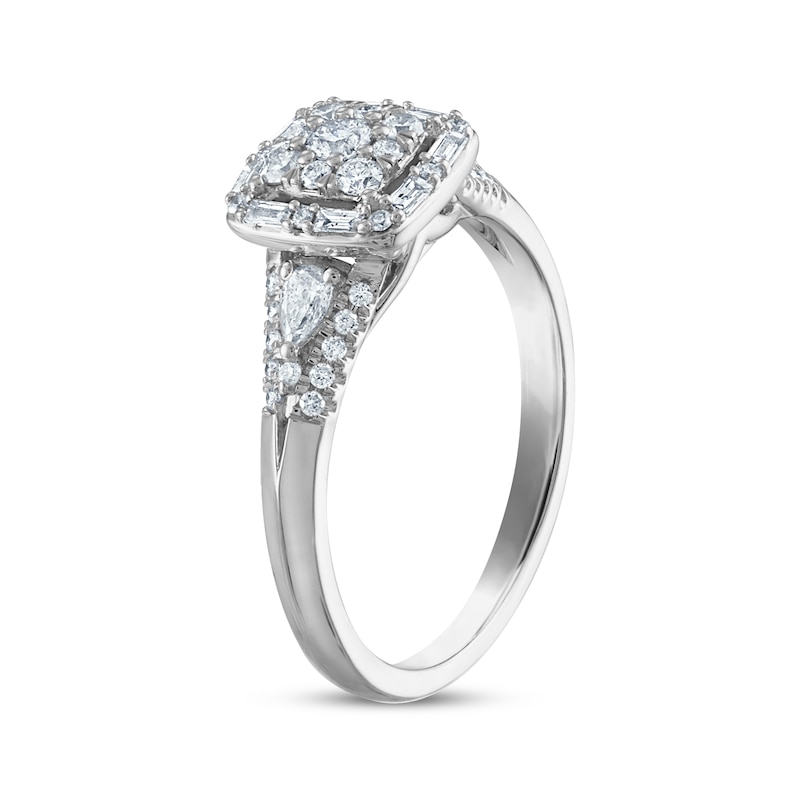 Round & Baguette-Cut Diamond Cushion Frame Engagement Ring 1/2 ct tw 10K White Gold