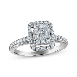 Now + Forever Princess & Round-Cut Multi-Diamond Center Elongated Cushion Frame Engagement Ring 1/2 ct tw 10K White Gold