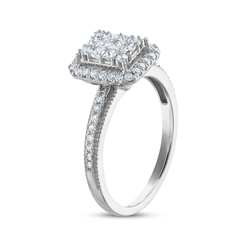 Main Image 2 of Now + Forever Princess & Round-Cut Multi-Diamond Center Elongated Cushion Frame Engagement Ring 1/2 ct tw 10K White Gold