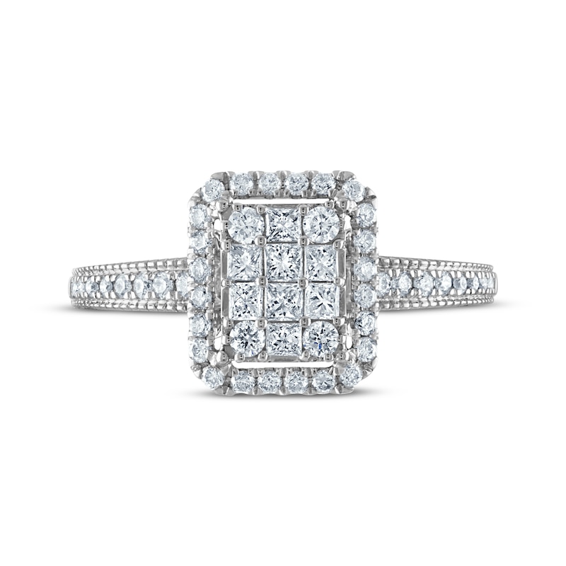 Main Image 3 of Now + Forever Princess & Round-Cut Multi-Diamond Center Elongated Cushion Frame Engagement Ring 1/2 ct tw 10K White Gold