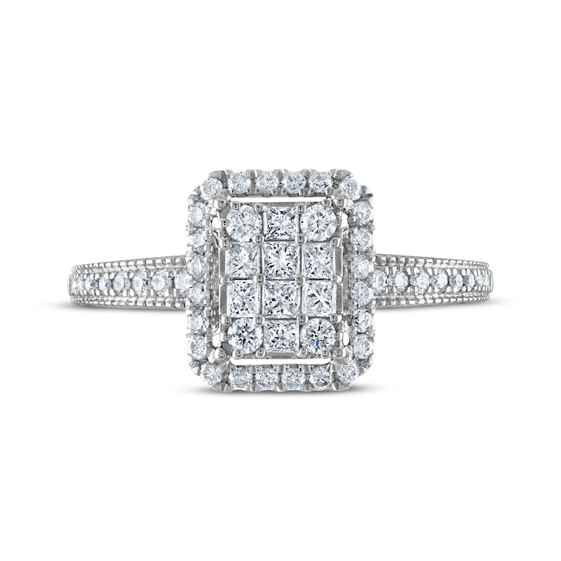 Princess & Round-Cut Multi-Diamond Center Elongated Cushion Frame Engagement Ring 1/2 ct tw 10K White Gold