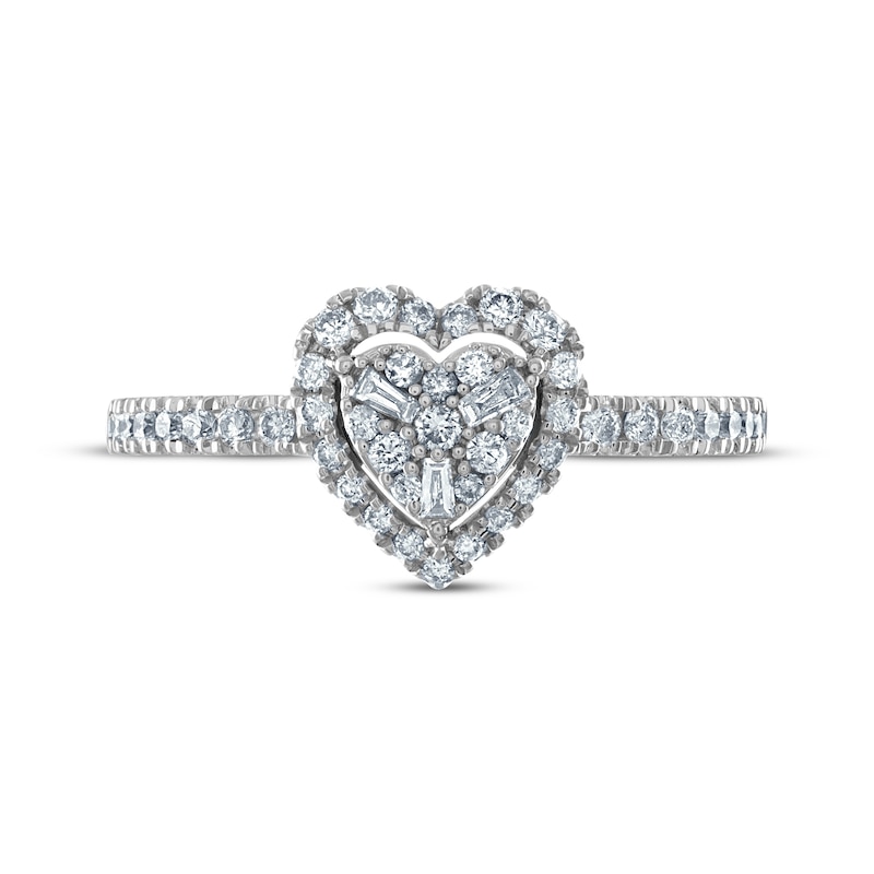 Baguette & Round-Cut Multi-Diamond Center Heart Frame Engagement Ring 3/8 ct tw 10K White Gold