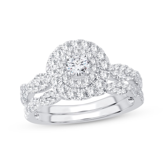 Now + Forever Round-Cut Diamond Double Halo Twist Bridal Set 1 ct tw 14K White Gold