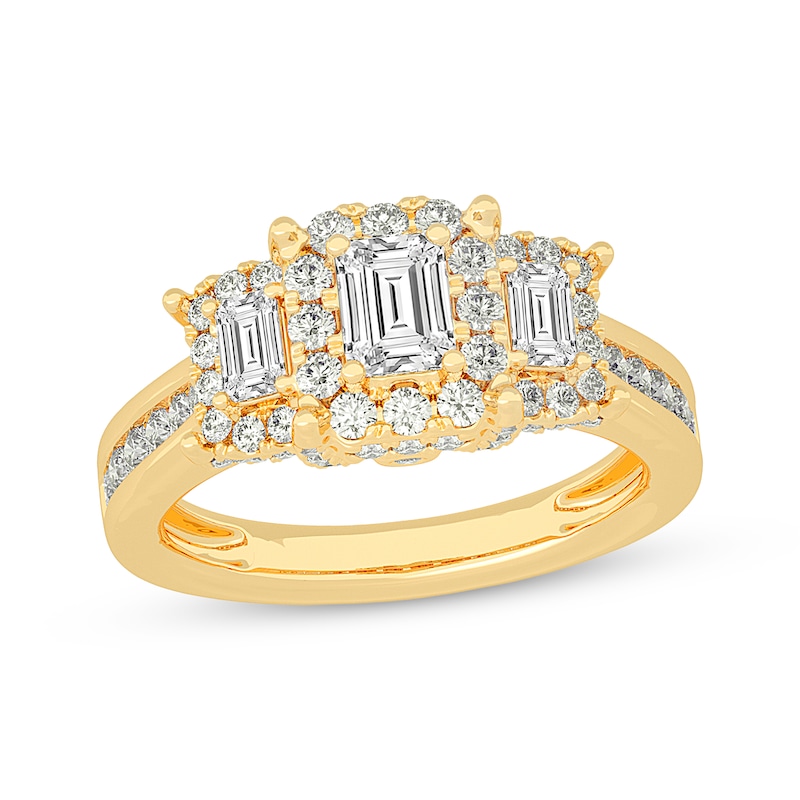 Main Image 1 of Memories Moments Magic Emerald-Cut Diamond Three-Stone Engagement Ring 1-5/8 ct tw 14K Yellow Gold