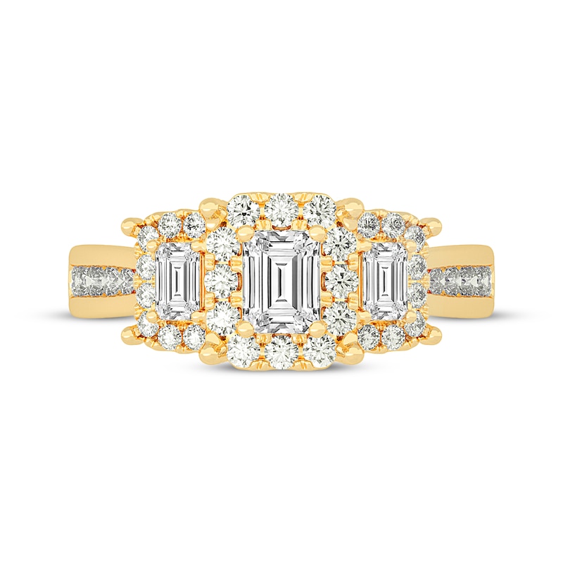 Main Image 3 of Memories Moments Magic Emerald-Cut Diamond Three-Stone Engagement Ring 1-5/8 ct tw 14K Yellow Gold