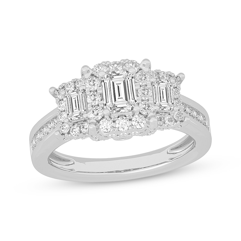 Main Image 1 of Memories Moments Magic Emerald-Cut Diamond Three-Stone Engagement Ring 1-5/8 ct tw 14K White Gold