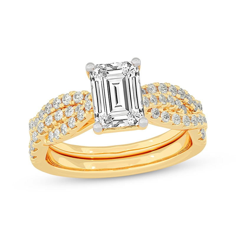 Main Image 1 of Now + Forever Lab-Grown Diamonds Emerald-Cut Twist Shank Bridal Set 2 ct tw 14K Yellow Gold