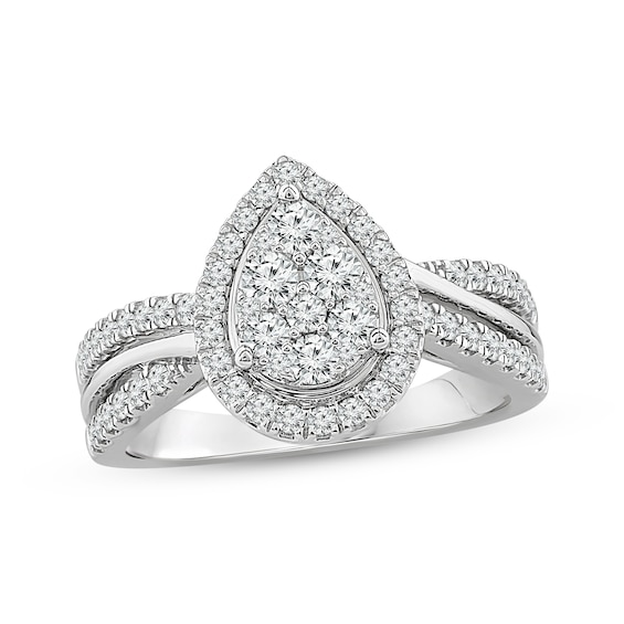 Now + Forever Multi-Diamond Center Teardrop Frame Engagement Ring 3/4 ct tw 14K White Gold