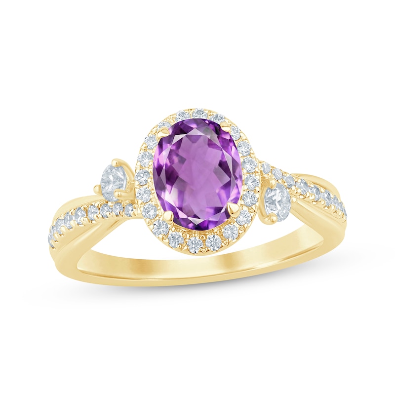 Main Image 1 of Memories Moments Magic Oval-Cut Amethyst & Diamond Halo Engagement Ring 3/8 ct tw 14K Yellow Gold