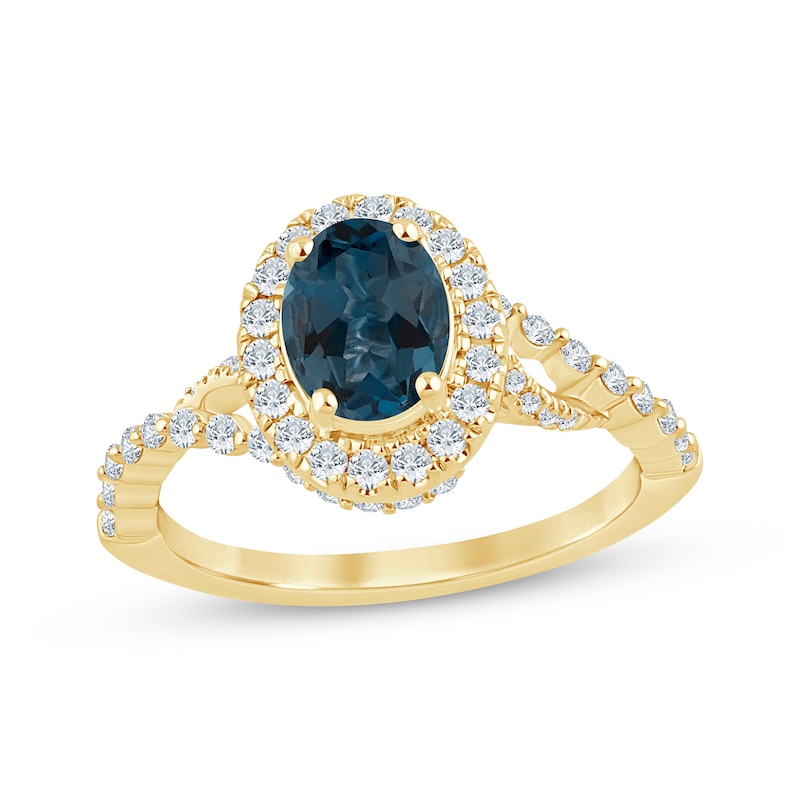 Oval-Cut London Blue Topaz & Diamond Halo Twist Shank Engagement Ring 1/2 ct tw 14K Yellow Gold