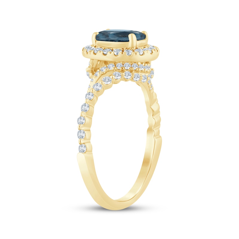 Oval-Cut London Blue Topaz & Diamond Halo Twist Shank Engagement Ring 1/2 ct tw 14K Yellow Gold