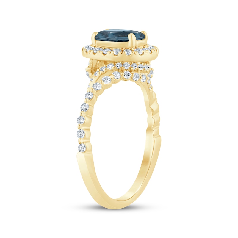 Main Image 2 of Now + Forever Oval-Cut London Blue Topaz & Diamond Halo Twist Shank Engagement Ring 1/2 ct tw 14K Yellow Gold