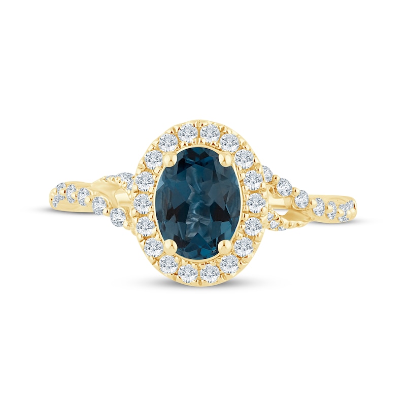 Main Image 3 of Now + Forever Oval-Cut London Blue Topaz & Diamond Halo Twist Shank Engagement Ring 1/2 ct tw 14K Yellow Gold