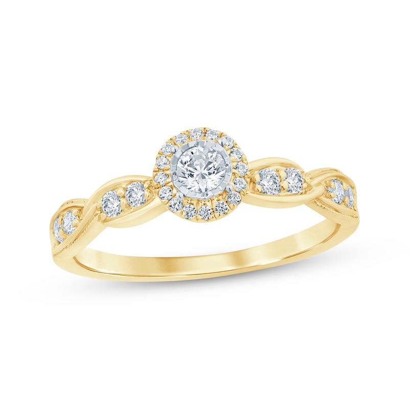 Main Image 1 of Now + Forever Round-Cut Diamond Halo Swirl Shank Engagement Ring 1/3 ct tw 10K Yellow Gold