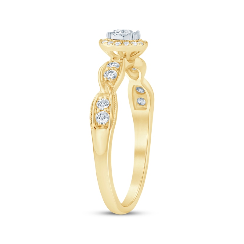 Main Image 2 of Now + Forever Round-Cut Diamond Halo Swirl Shank Engagement Ring 1/3 ct tw 10K Yellow Gold