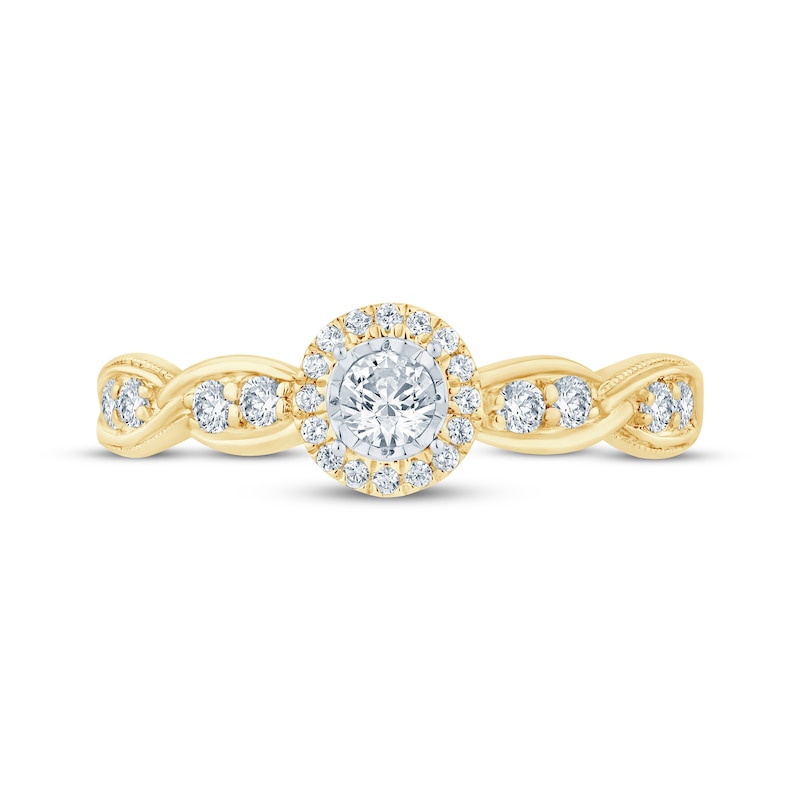 Main Image 3 of Now + Forever Round-Cut Diamond Halo Swirl Shank Engagement Ring 1/3 ct tw 10K Yellow Gold