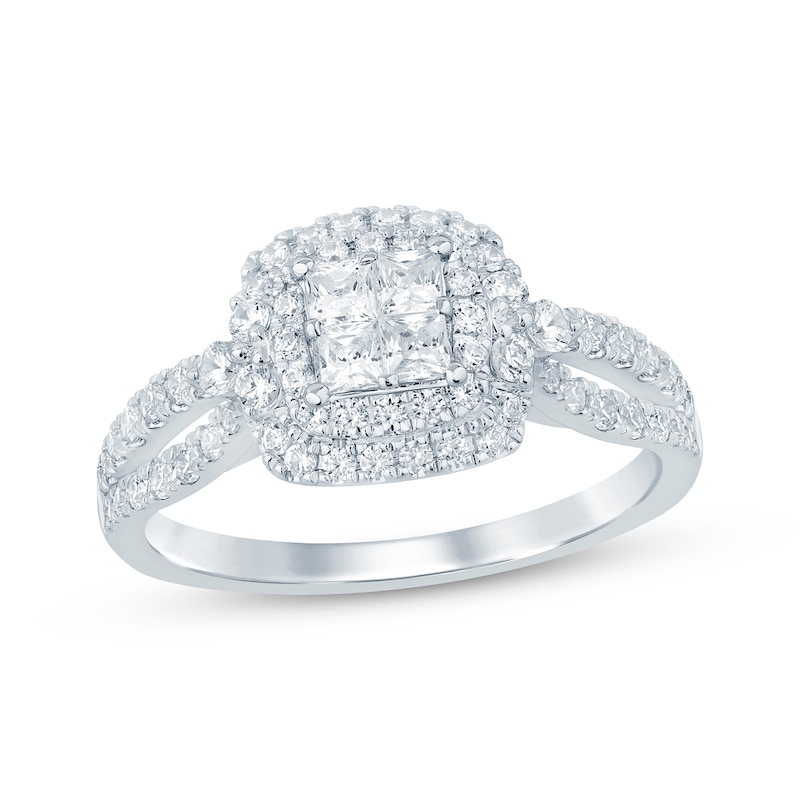 Princess-Cut Quad Diamond Halo Split Shank Engagement Ring 3/4 ct tw ...
