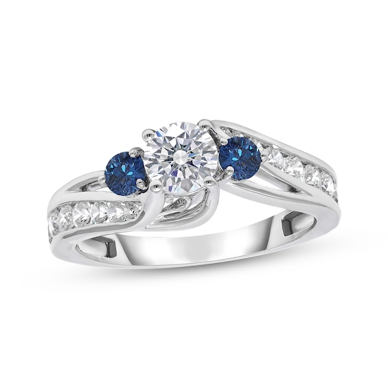 Memories Moments Magic Round-Cut Diamond & Blue Sapphire Three-Stone Engagement Ring 1 ct tw 14K White Gold