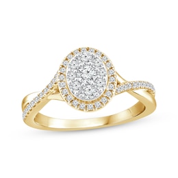 Now + Forever Multi-Diamond Center Oval Halo Engagement Ring 1/2 ct tw 14K Yellow Gold