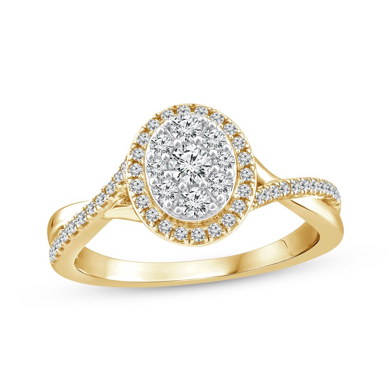 Multi-Diamond Center Oval Halo Engagement Ring 1/2 ct tw 14K Yellow ...