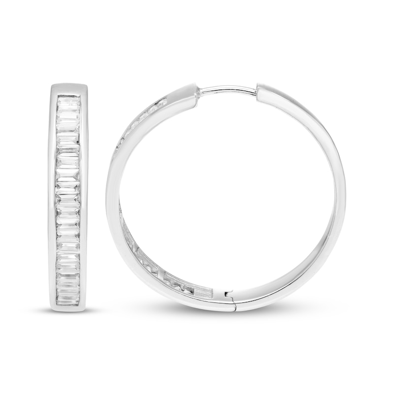 Main Image 3 of Baguette-Cut Diamond Hoop Earrings 1 ct tw 10K White Gold