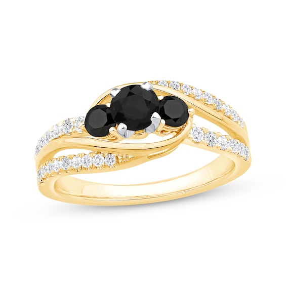 Memories Moments Magic Round-Cut Black & White Diamond Three-Stone Engagement Ring 1 ct tw 14K Gold