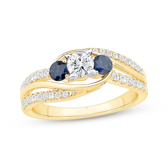 Memories Moments Magic Round-Cut Diamond & Blue Sapphire Three-Stone Engagement Ring 5/8 ct tw 14K Yellow Gold