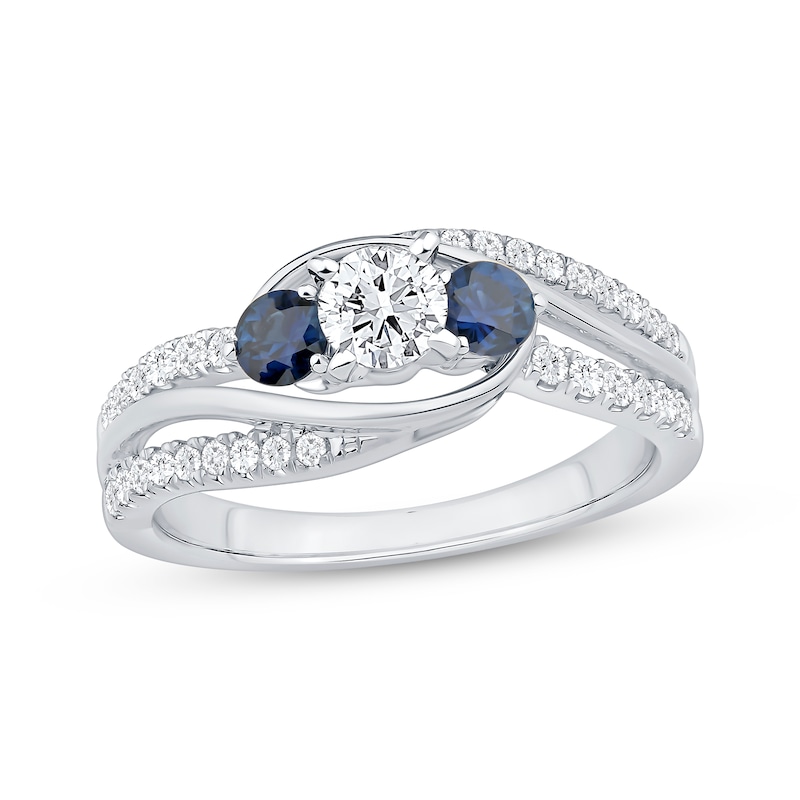 Main Image 1 of Memories Moments Magic Round-Cut Diamond & Blue Sapphire Three-Stone Engagement Ring 5/8 ct tw 14K White Gold