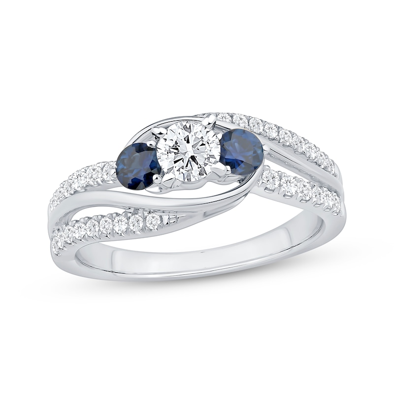 Memories Moments Magic Round-Cut Diamond & Blue Sapphire Three-Stone Engagement Ring 5/8 ct tw 14K White Gold