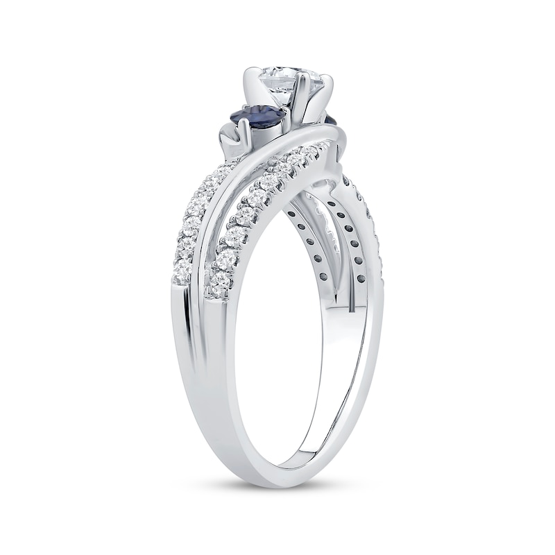 Main Image 2 of Memories Moments Magic Round-Cut Diamond & Blue Sapphire Three-Stone Engagement Ring 5/8 ct tw 14K White Gold