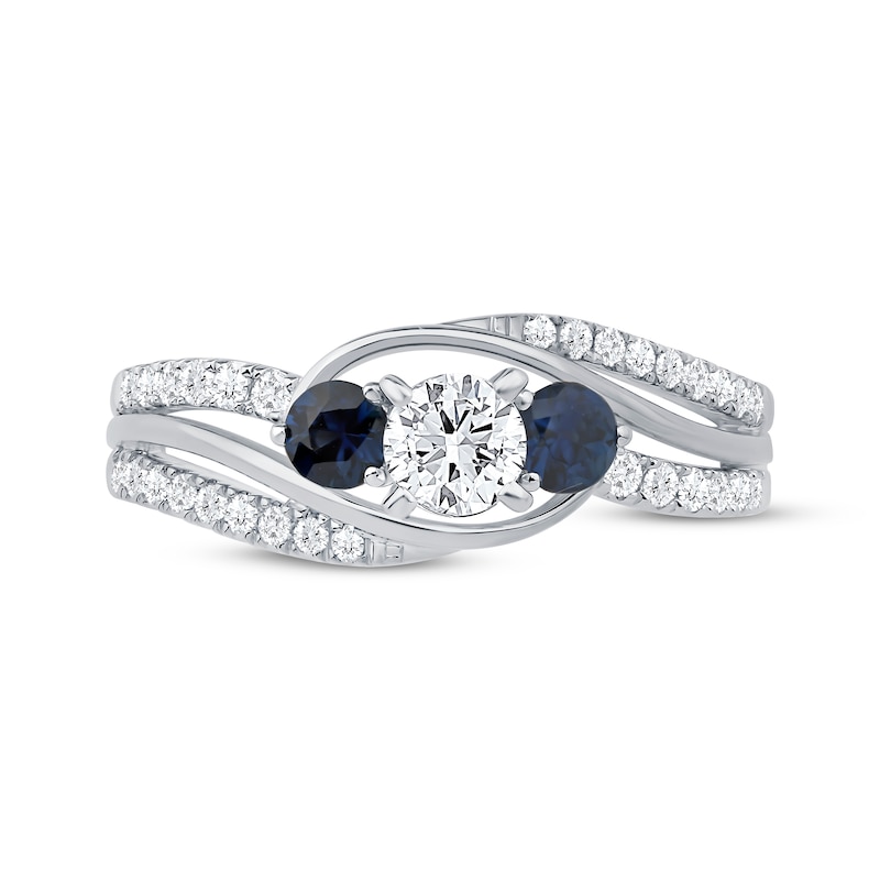 Main Image 3 of Memories Moments Magic Round-Cut Diamond & Blue Sapphire Three-Stone Engagement Ring 5/8 ct tw 14K White Gold