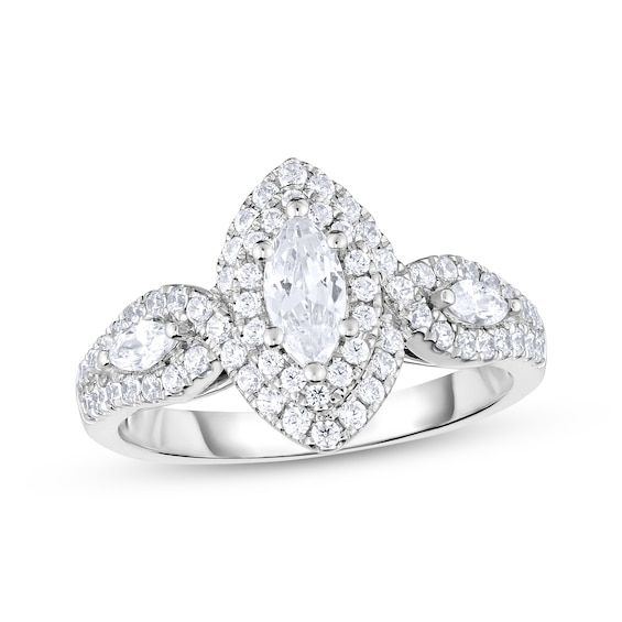 Now + Forever Marquise-Cut Diamond Double Halo Three-Stone Engagement Ring 1 ct tw 14K White Gold