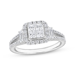 Now + Forever Princess-Cut Quad Diamond Cushion Halo Engagement Ring 1 ct tw 14K White Gold