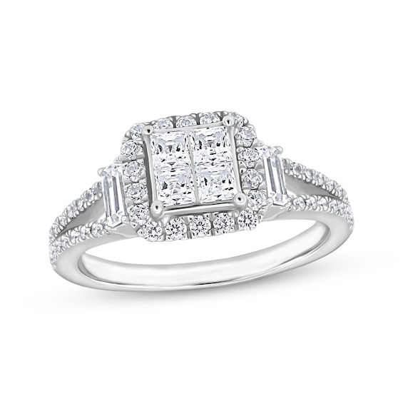 Now + Forever Princess-Cut Quad Diamond Cushion Halo Engagement Ring 1 ct tw 14K White Gold