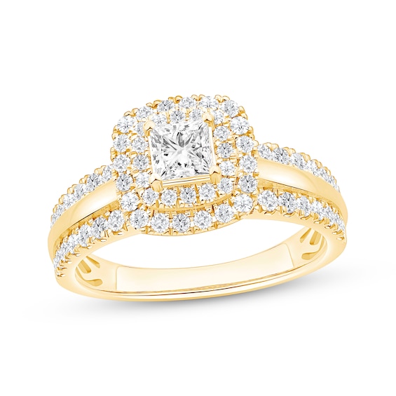 Princess-Cut Diamond Cushion Halo Engagement Ring 1-1/6 ct tw 14K Yellow Gold