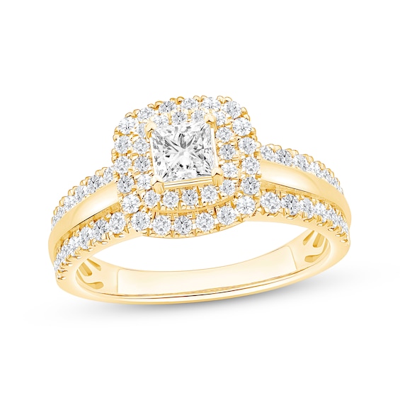 Now + Forever Princess-Cut Diamond Cushion Halo Engagement Ring 1-1/6 ct tw 14K Yellow Gold