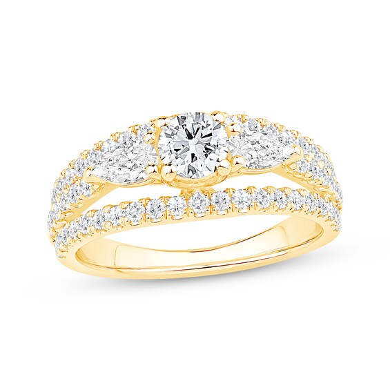 Memories Moments Magic Round-Cut & Pear-Shaped Diamond Three-Stone Engagement Ring 1-1/2 ct tw 14K Yellow Gold