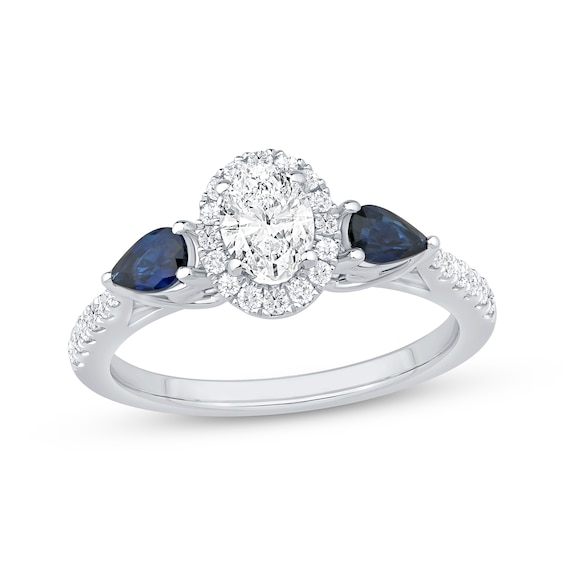 Memories Moments Magic Oval-Cut Diamond & Pear-Shaped Blue Sapphire Three-Stone Engagement Ring 3/4 ct tw 14K White Gold