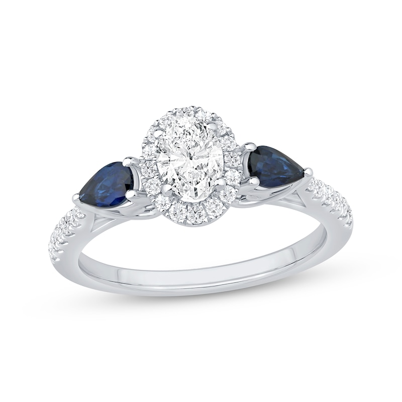 Memories Moments Magic Oval-Cut Diamond & Pear-Shaped Blue Sapphire Three-Stone Engagement Ring 3/4 ct tw 14K White Gold
